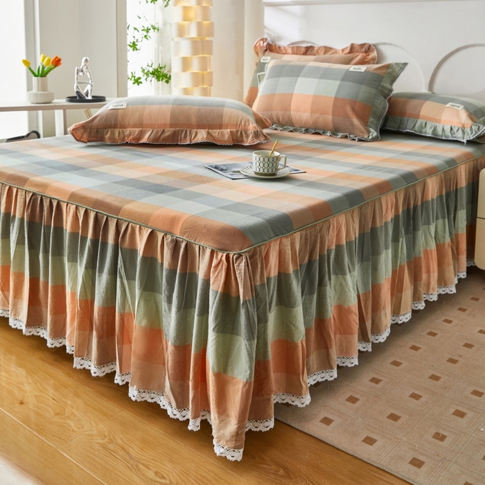 91家纺网 家纺一手货源 找家纺 缦彩 2025新款纯棉水洗棉床裙床罩四件套全棉防滑防尘保护套床单套件 奇兰灰