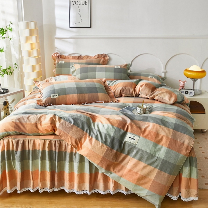 91家纺网 家纺一手货源 找家纺 缦彩 2025新款纯棉水洗棉床裙床罩四件套全棉防滑防尘保护套床单套件 奇兰灰