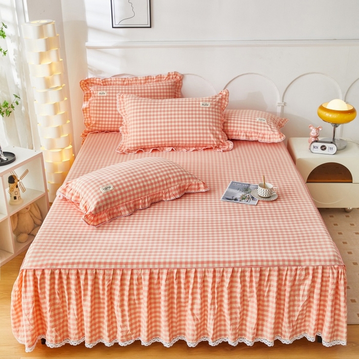 91家纺网 家纺一手货源 找家纺 缦彩 2025新款纯棉水洗棉床裙床罩四件套全棉防滑防尘保护套床单套件 深情桔