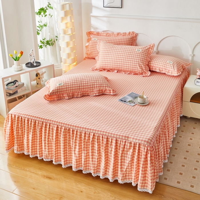 91家纺网 家纺一手货源 找家纺 缦彩 2025新款纯棉水洗棉床裙床罩四件套全棉防滑防尘保护套床单套件 深情桔