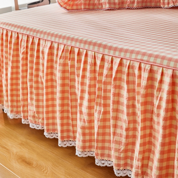 91家纺网 家纺一手货源 找家纺 缦彩 2025新款纯棉水洗棉床裙床罩四件套全棉防滑防尘保护套床单套件 深情桔