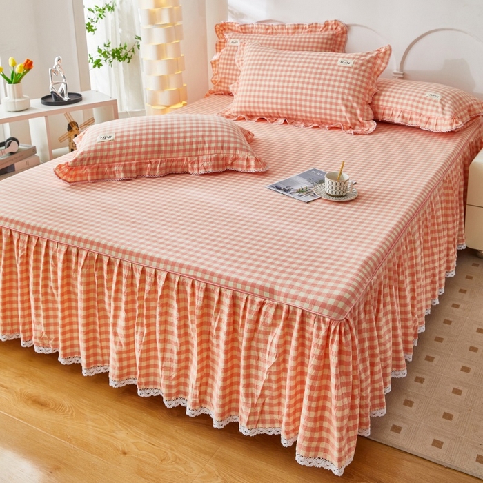 91家纺网 家纺一手货源 找家纺 缦彩 2025新款纯棉水洗棉床裙床罩四件套全棉防滑防尘保护套床单套件 深情桔