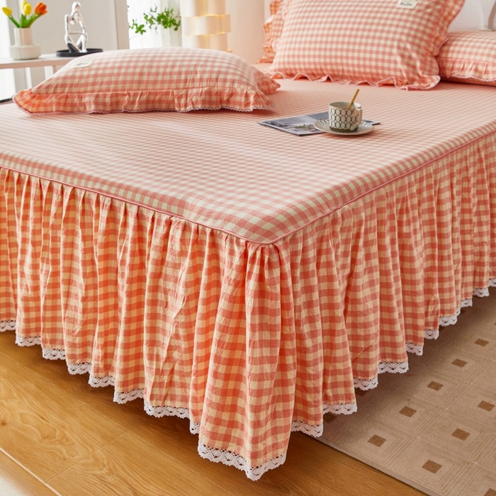 91家纺网 家纺一手货源 找家纺 缦彩 2025新款纯棉水洗棉床裙床罩四件套全棉防滑防尘保护套床单套件 深情桔