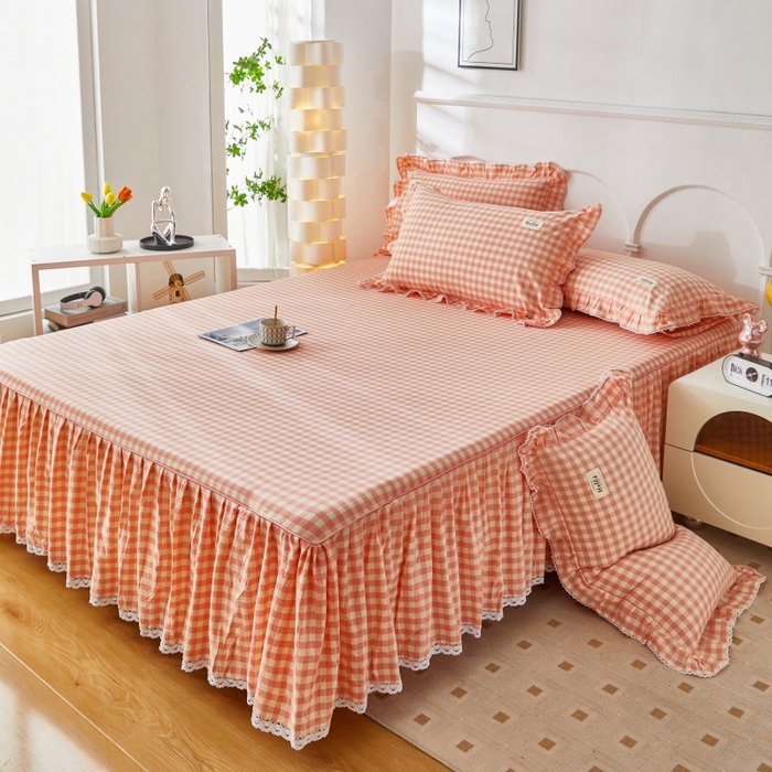 91家纺网 家纺一手货源 找家纺 缦彩 2025新款纯棉水洗棉床裙床罩四件套全棉防滑防尘保护套床单套件 深情桔