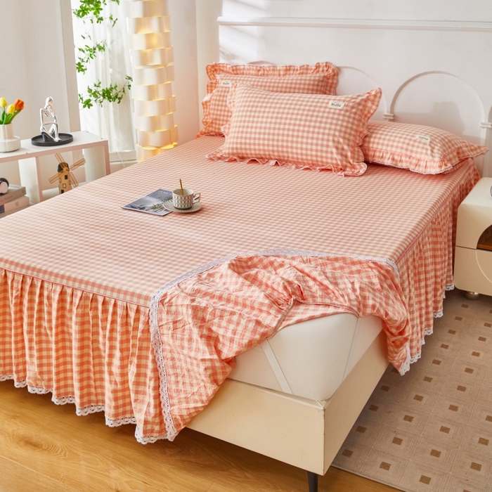 91家纺网 家纺一手货源 找家纺 缦彩 2025新款纯棉水洗棉床裙床罩四件套全棉防滑防尘保护套床单套件 深情桔