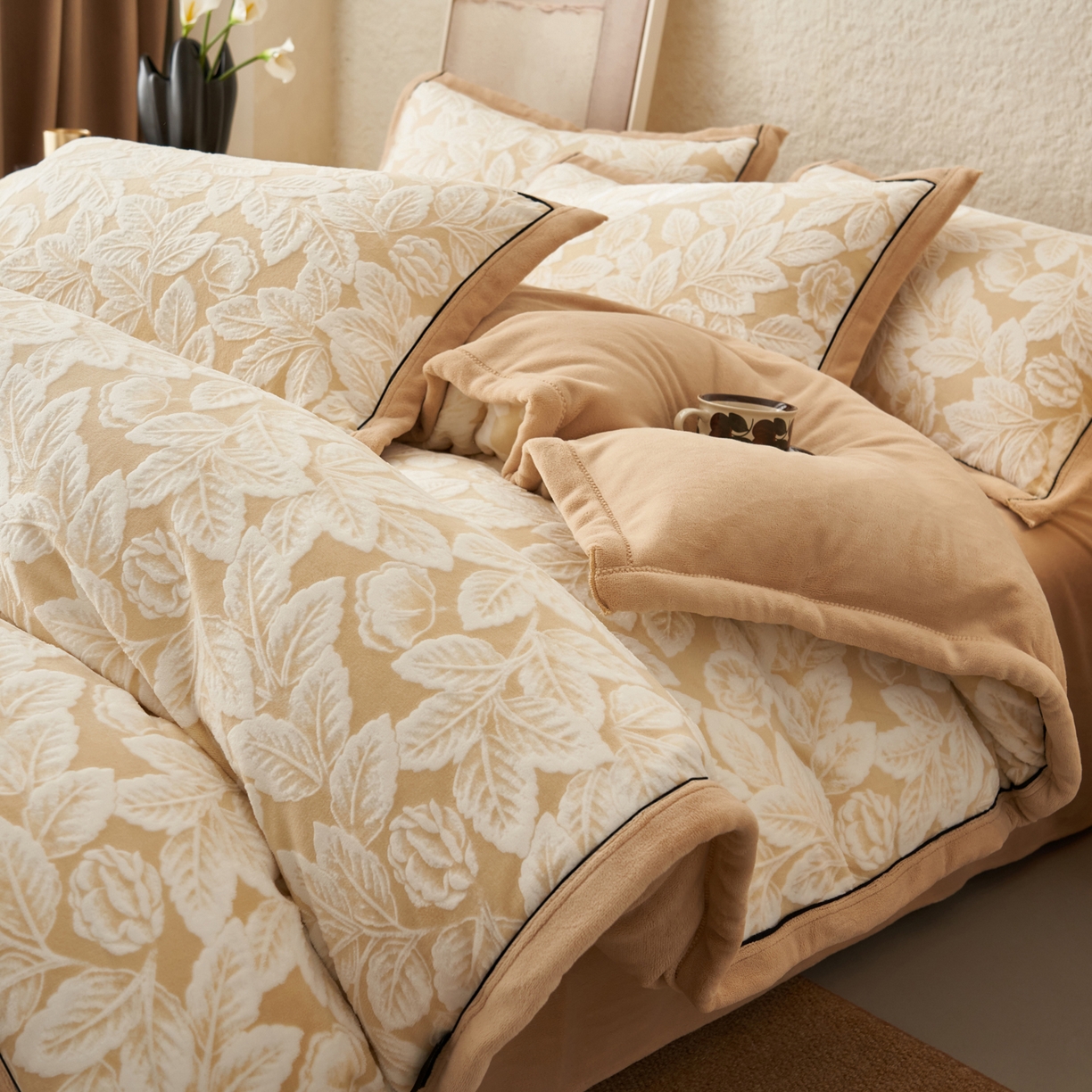 子由家居 2025新款230g牛奶绒染色雕花可拆洗被套冬被 雕花被套-叶茂