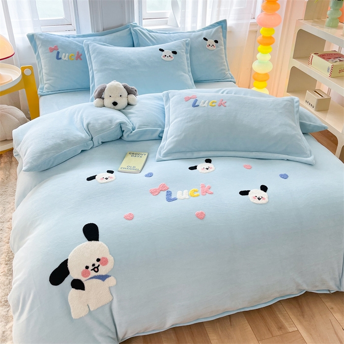 雨菲家纺 2025新款高克重加厚简约毛巾绣花牛奶绒四件套 牛奶绒调皮狗蓝