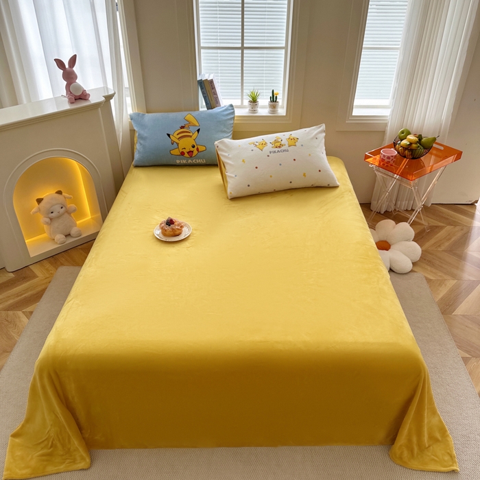 91家纺网 家纺一手货源 找家纺 徕米家居 2025新款卡通毛巾绣绣花牛奶绒四件套 闪电皮卡丘