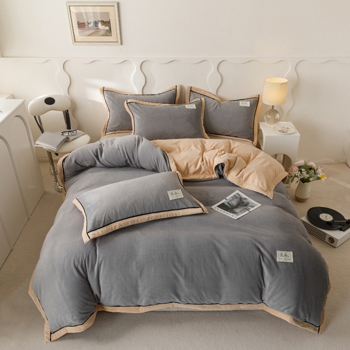 91家纺网 家纺一手货源 找家纺 子由家居 2024新款牛奶绒双拼可拆洗冬被被子被芯 双拼可拆洗-浅灰+米金