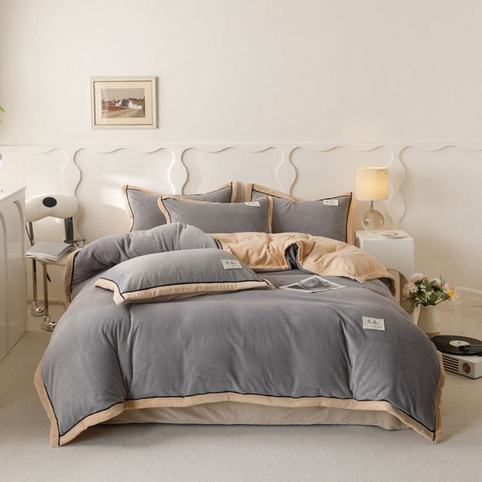 子由家居 2024新款牛奶绒双拼可拆洗冬被被子被芯 双拼可拆洗-浅灰+米金