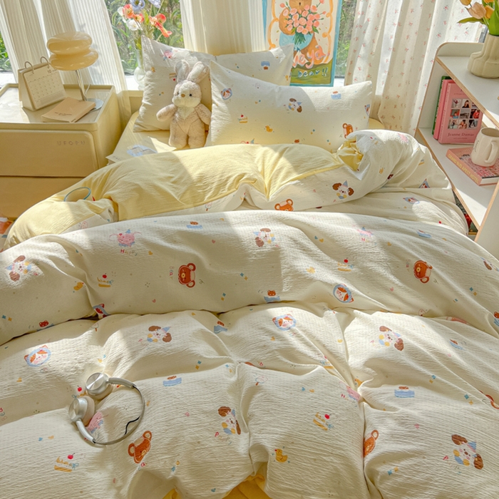 91家纺网 家纺一手货源 找家纺 玉海棠家纺 2025新款云感双层纱暗合四件套 动物狂欢会米