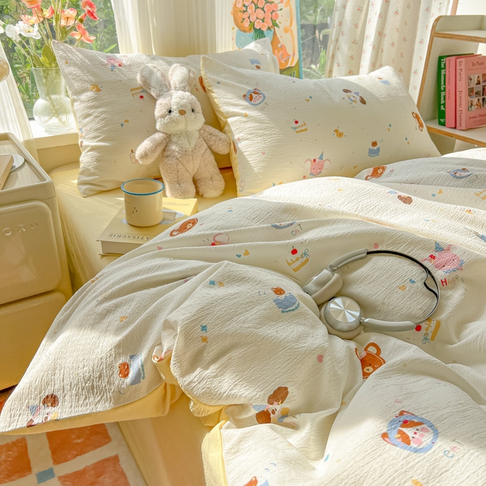 91家纺网 家纺一手货源 找家纺 玉海棠家纺 2025新款云感双层纱暗合四件套 动物狂欢会米