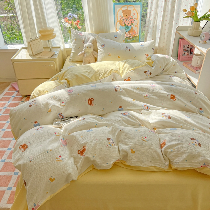 91家纺网 家纺一手货源 找家纺 玉海棠家纺 2025新款云感双层纱暗合四件套 动物狂欢会米