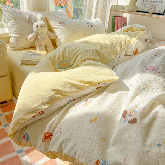 91家纺网 家纺一手货源 找家纺 玉海棠家纺 2025新款云感双层纱暗合四件套 动物狂欢会米