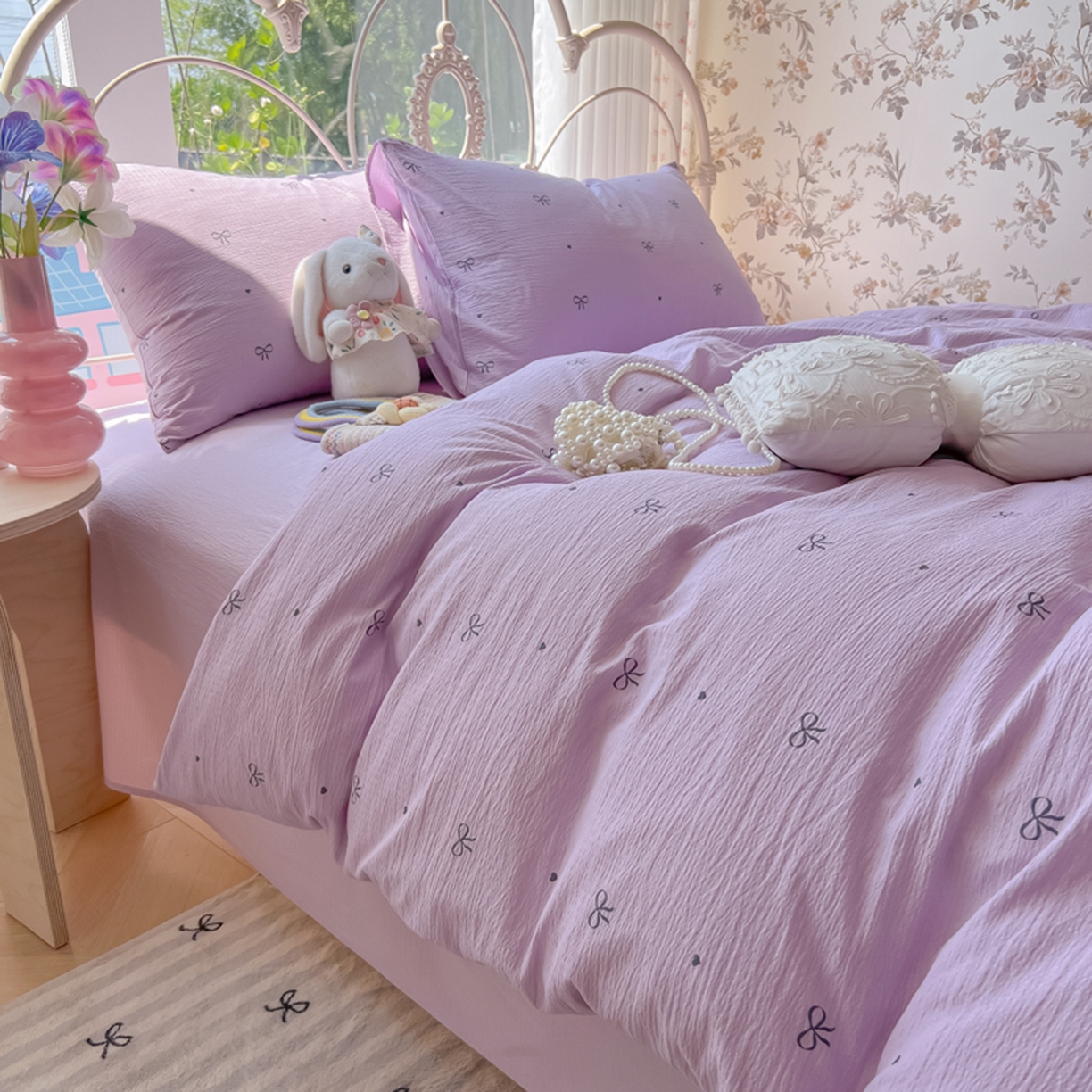 91家纺网 家纺一手货源 找家纺 玉海棠家纺 2025新款云感双层纱暗合四件套 紫色心意