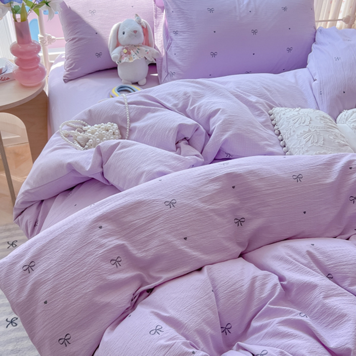 91家纺网 家纺一手货源 找家纺 玉海棠家纺 2025新款云感双层纱暗合四件套 紫色心意