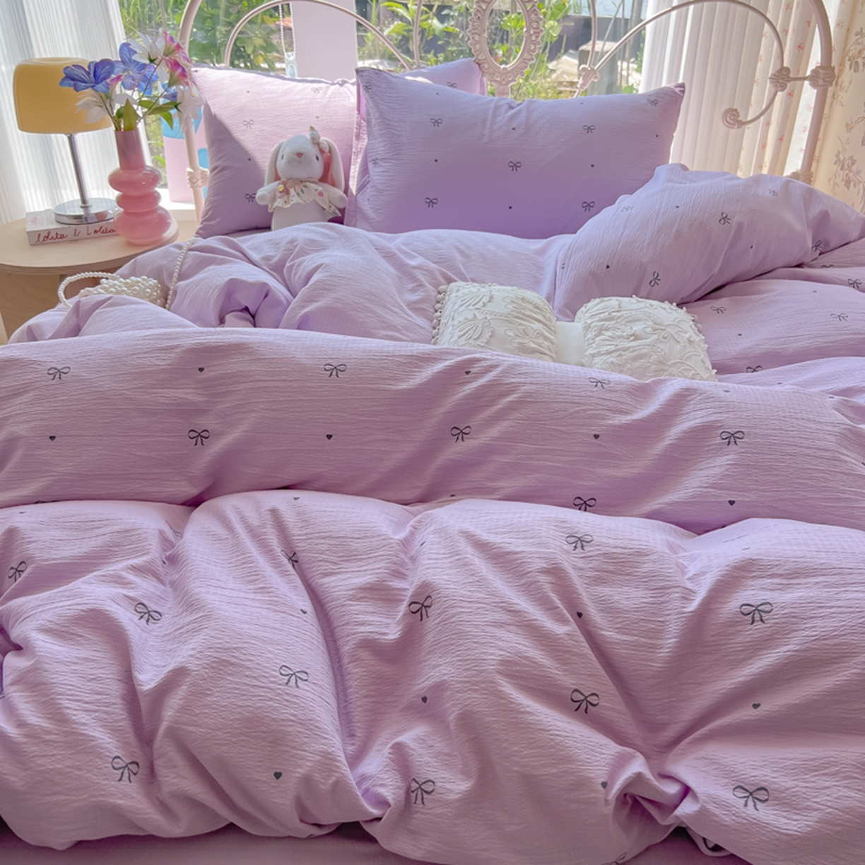 91家纺网 家纺一手货源 找家纺 玉海棠家纺 2025新款云感双层纱暗合四件套 紫色心意