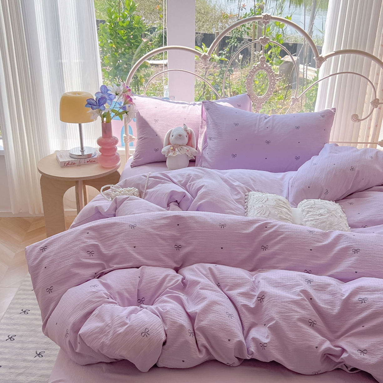 91家纺网 家纺一手货源 找家纺 玉海棠家纺 2025新款云感双层纱暗合四件套 紫色心意