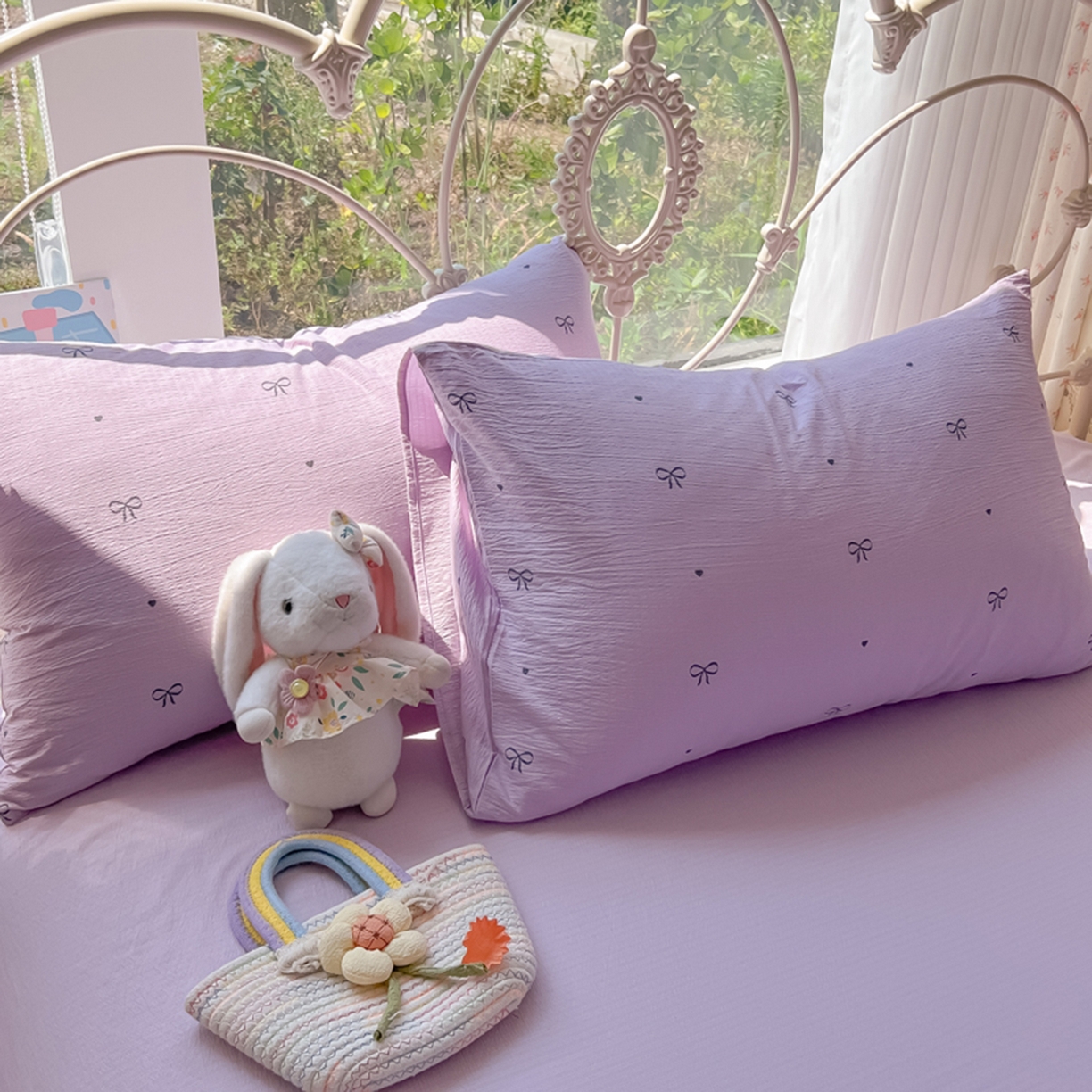 91家纺网 家纺一手货源 找家纺 玉海棠家纺 2025新款云感双层纱暗合四件套 紫色心意