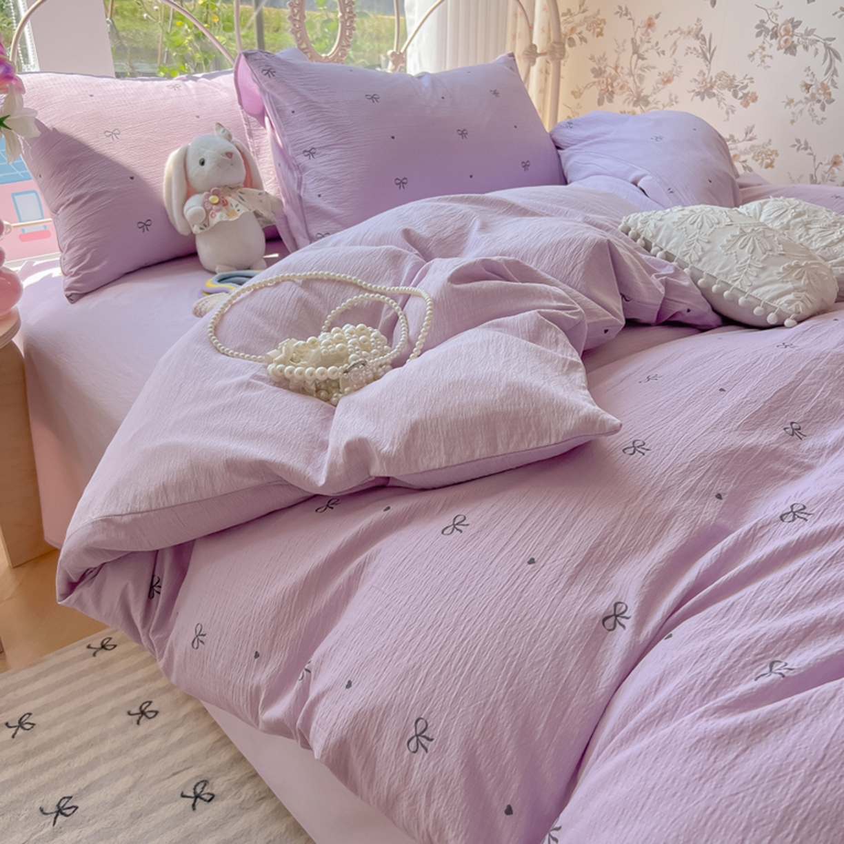 91家纺网 家纺一手货源 找家纺 玉海棠家纺 2025新款云感双层纱暗合四件套 紫色心意