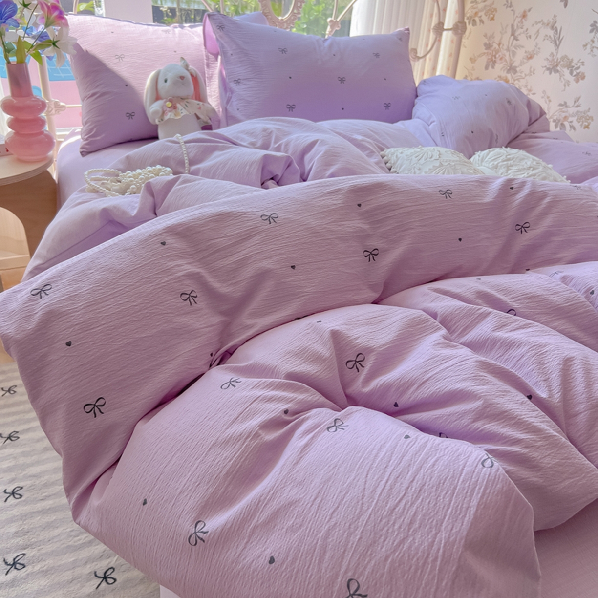 91家纺网 家纺一手货源 找家纺 玉海棠家纺 2025新款云感双层纱暗合四件套 紫色心意