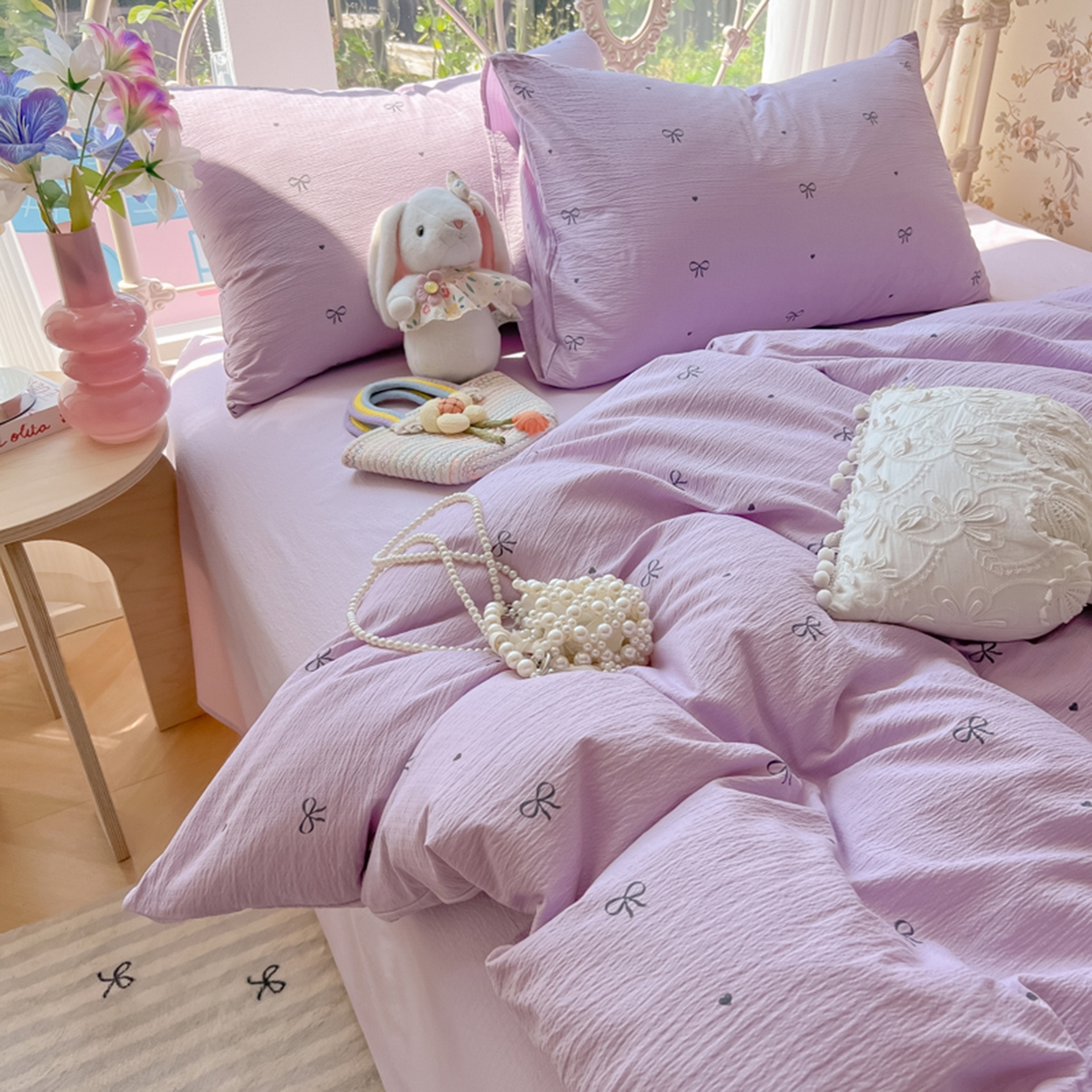 91家纺网 家纺一手货源 找家纺 玉海棠家纺 2025新款云感双层纱暗合四件套 紫色心意