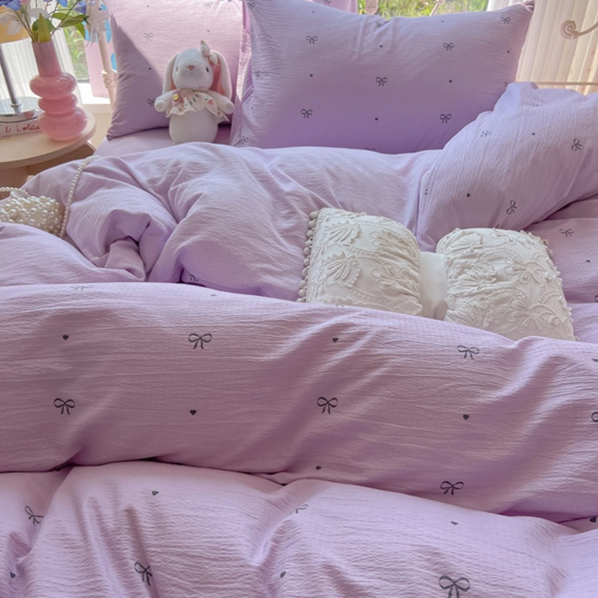 91家纺网 家纺一手货源 找家纺 玉海棠家纺 2025新款云感双层纱暗合四件套 紫色心意