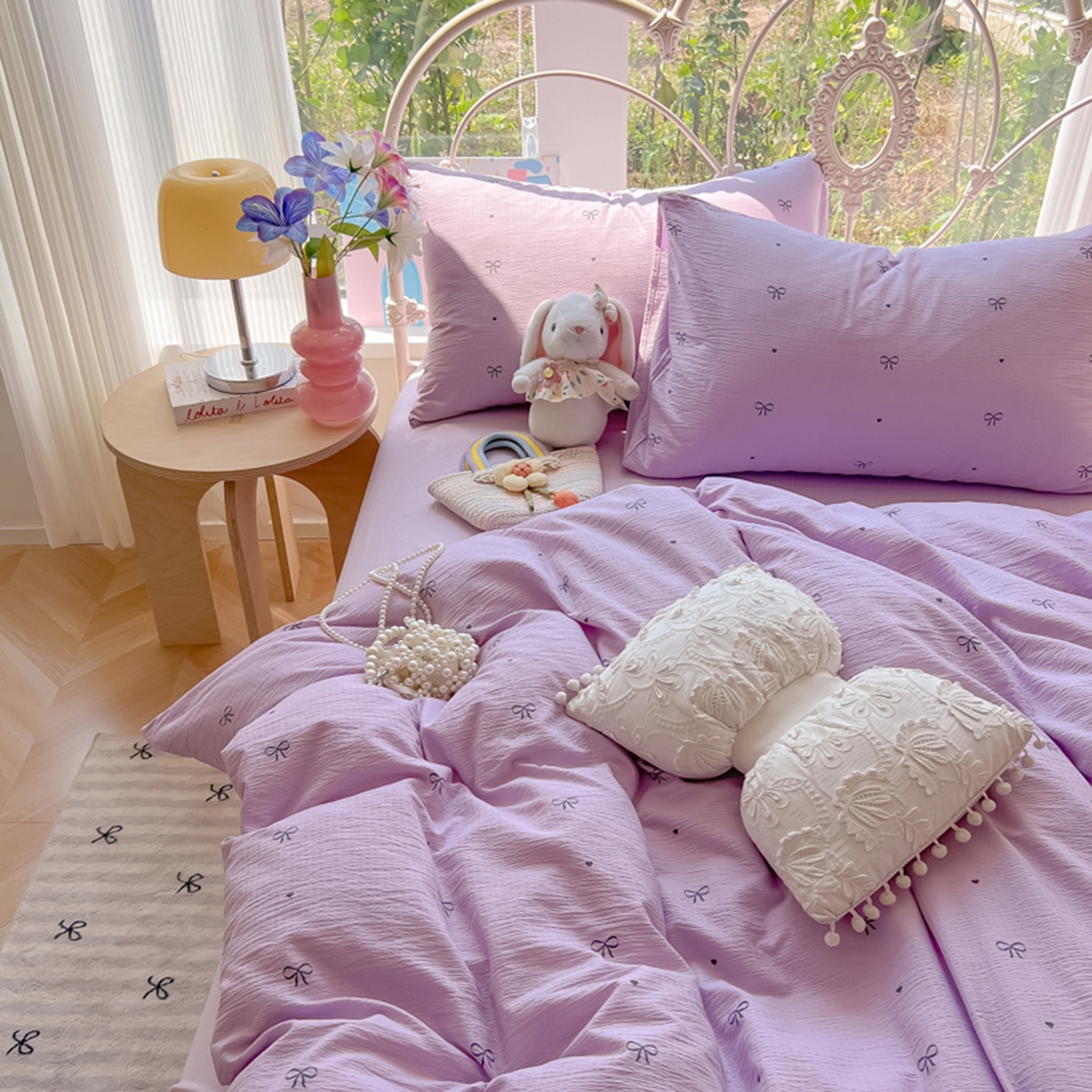 91家纺网 家纺一手货源 找家纺 玉海棠家纺 2025新款云感双层纱暗合四件套 紫色心意