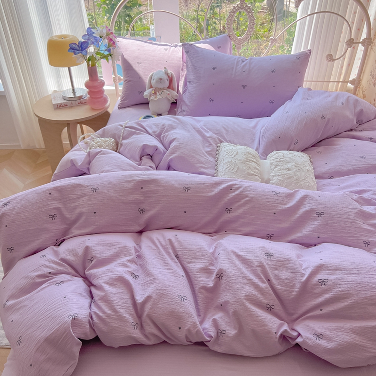 91家纺网 家纺一手货源 找家纺 玉海棠家纺 2025新款云感双层纱暗合四件套 紫色心意