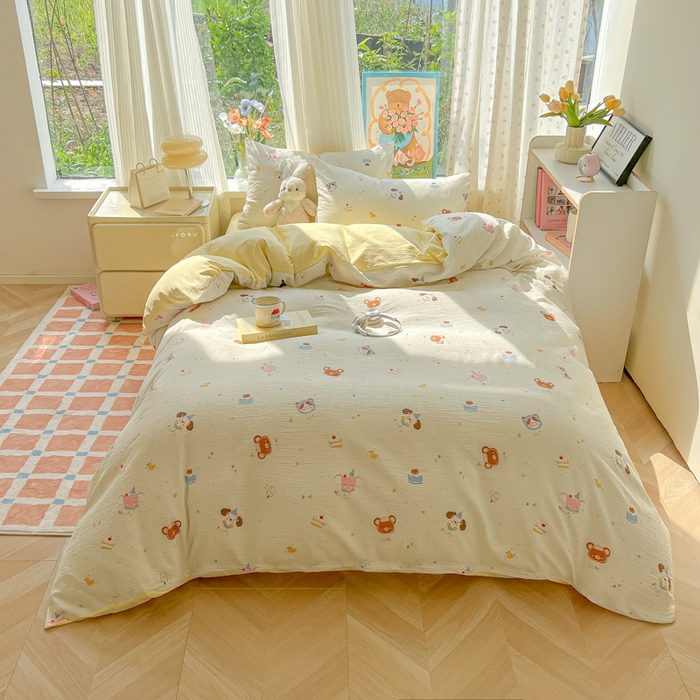 91家纺网 家纺一手货源 找家纺 玉海棠家纺 2025新款云感双层纱暗合四件套 动物狂欢会米