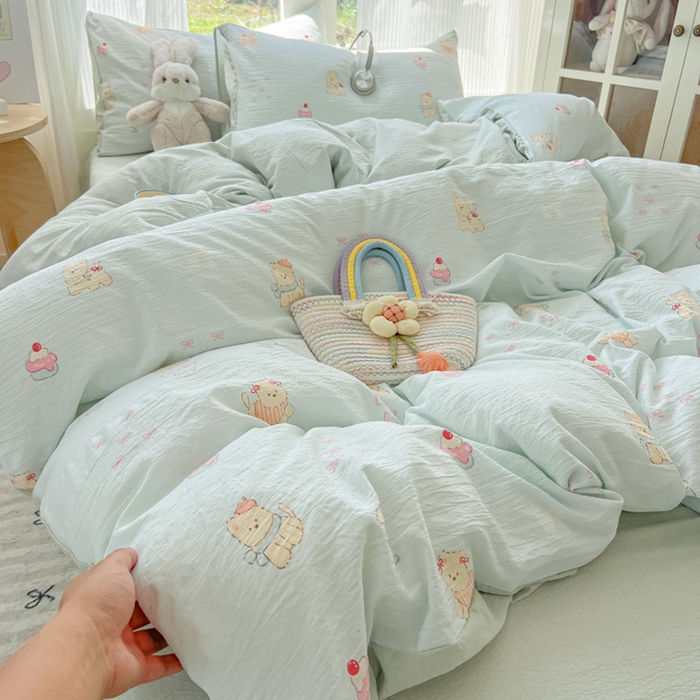 91家纺网 家纺一手货源 找家纺 玉海棠家纺 2025新款云感双层纱暗合四件套 蛋糕小猫