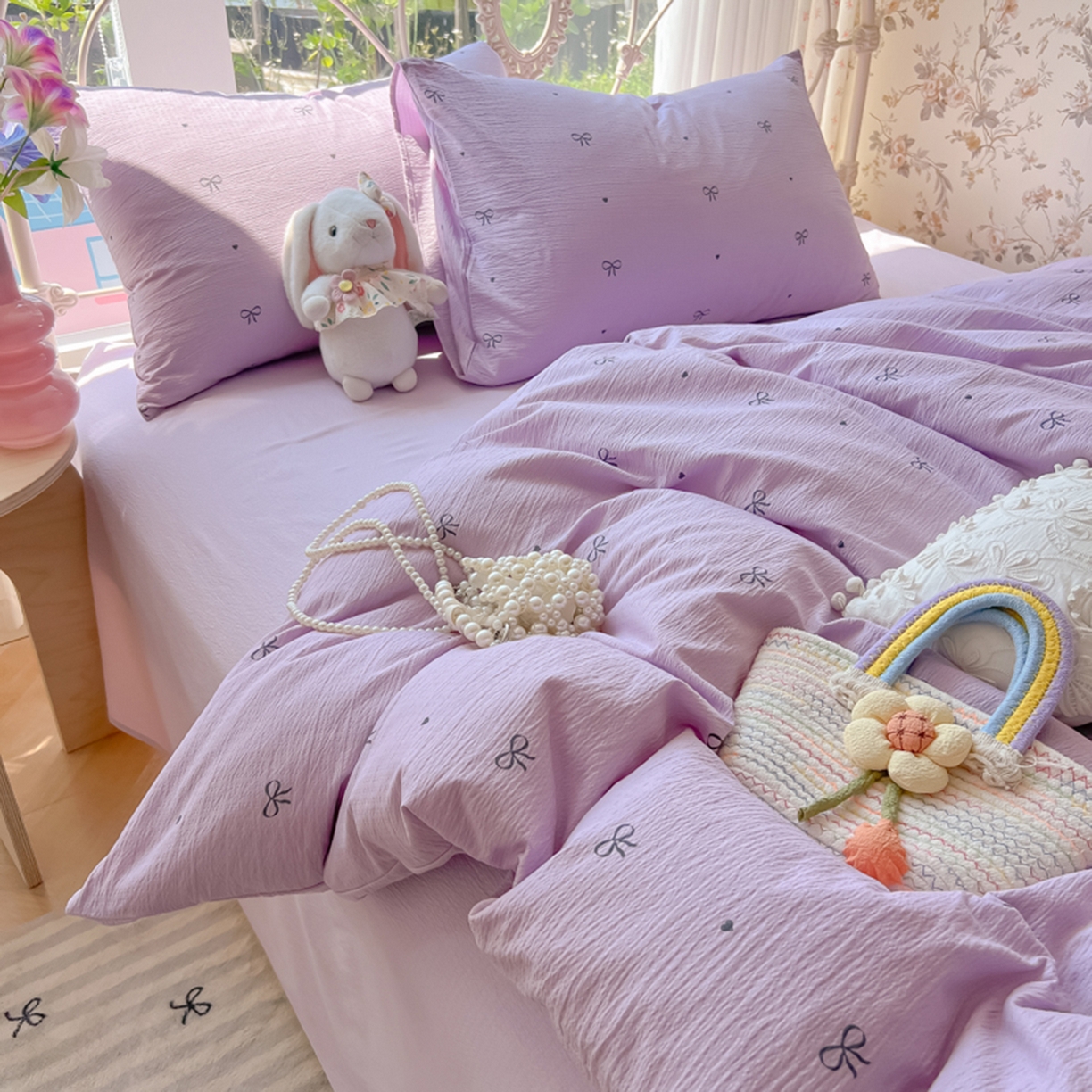 91家纺网 家纺一手货源 找家纺 玉海棠家纺 2025新款云感双层纱暗合四件套 紫色心意