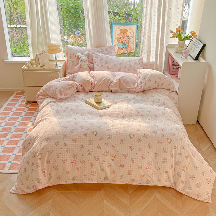 91家纺网 家纺一手货源 找家纺 玉海棠家纺 2025新款云感双层纱暗合四件套 花园小猫