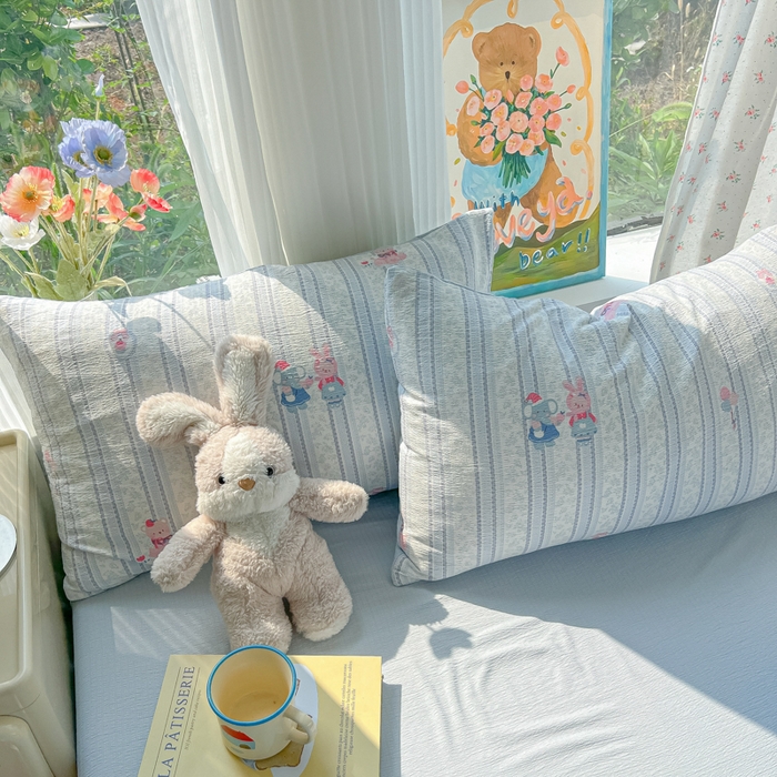 91家纺网 家纺一手货源 找家纺 玉海棠家纺 2025新款云感双层纱暗合四件套 蓝色小象