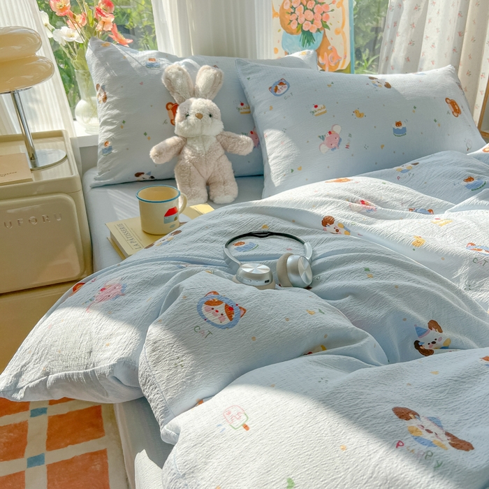 91家纺网 家纺一手货源 找家纺 玉海棠家纺 2025新款云感双层纱暗合四件套 动物狂欢会兰