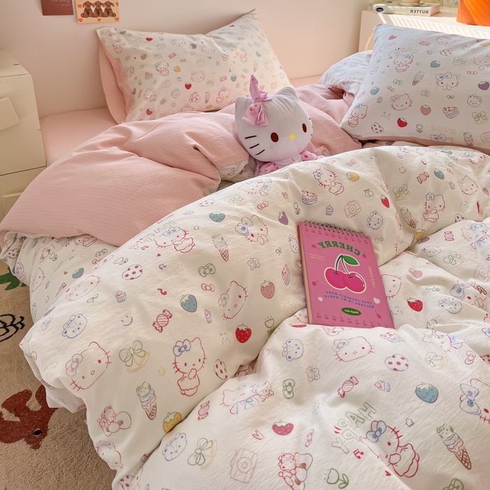 91家纺网 家纺一手货源 找家纺 玉海棠家纺 2025新款云感双层纱暗合四件套 凯蒂猫