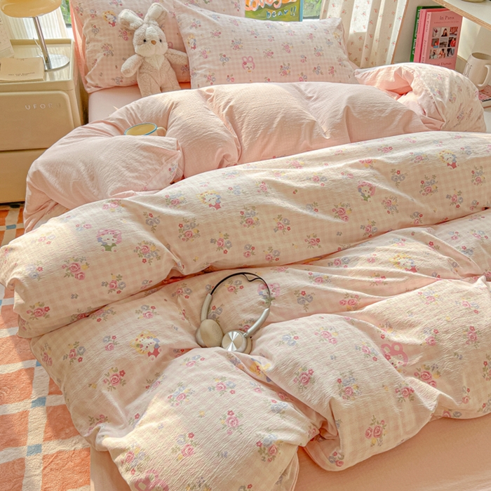 91家纺网 家纺一手货源 找家纺 玉海棠家纺 2025新款云感双层纱暗合四件套 花园小猫