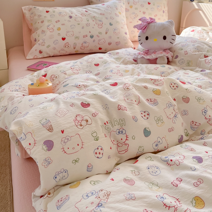 91家纺网 家纺一手货源 找家纺 玉海棠家纺 2025新款云感双层纱暗合四件套 凯蒂猫