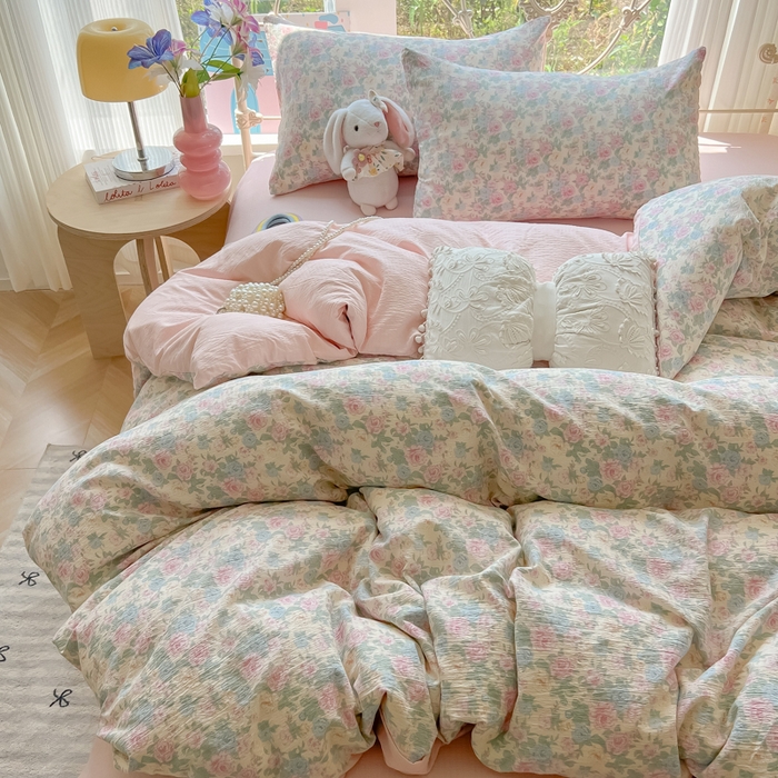 91家纺网 家纺一手货源 找家纺 玉海棠家纺 2025新款云感双层纱暗合四件套 白月光