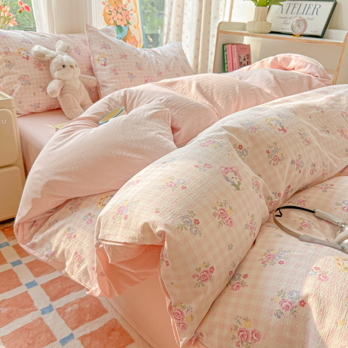 玉海棠家纺 2025新款云感双层纱暗合四件套 花园小猫