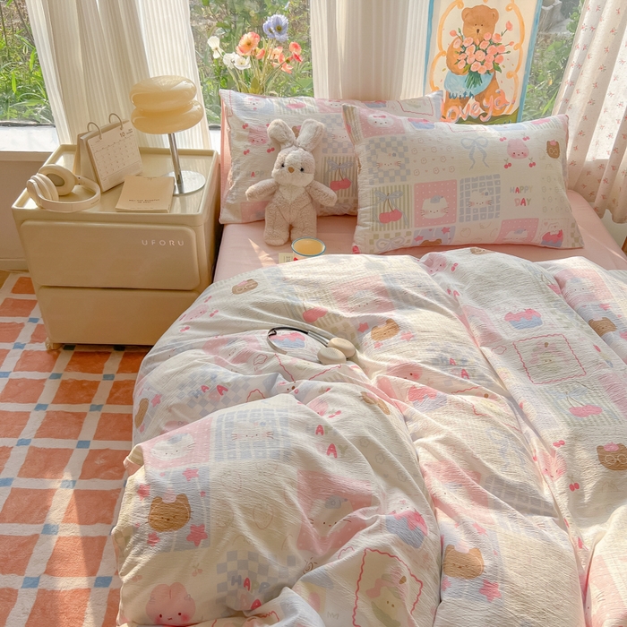 91家纺网 家纺一手货源 找家纺 玉海棠家纺 2025新款云感双层纱暗合四件套 萌物家族