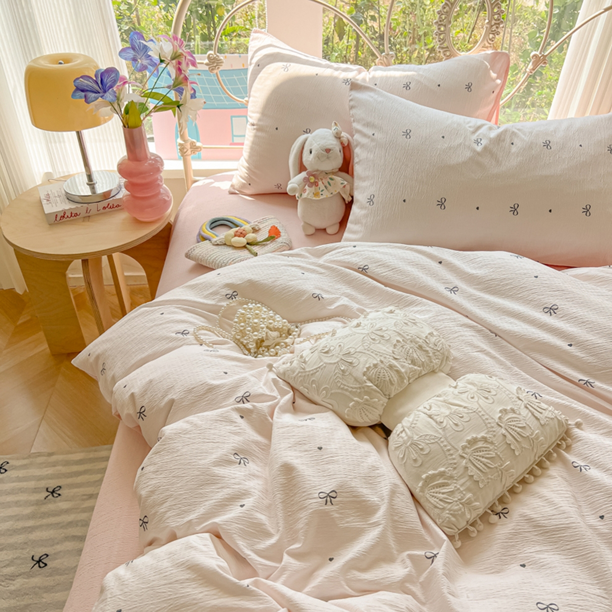 91家纺网 家纺一手货源 找家纺 玉海棠家纺 2025新款云感双层纱暗合四件套 心意