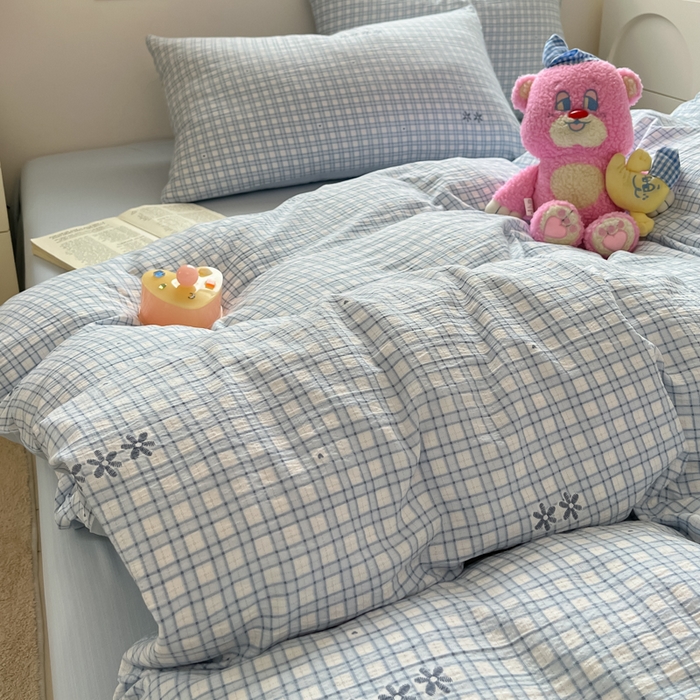 玉海棠家纺 2025新款云感双层纱暗合四件套 蓝格纹