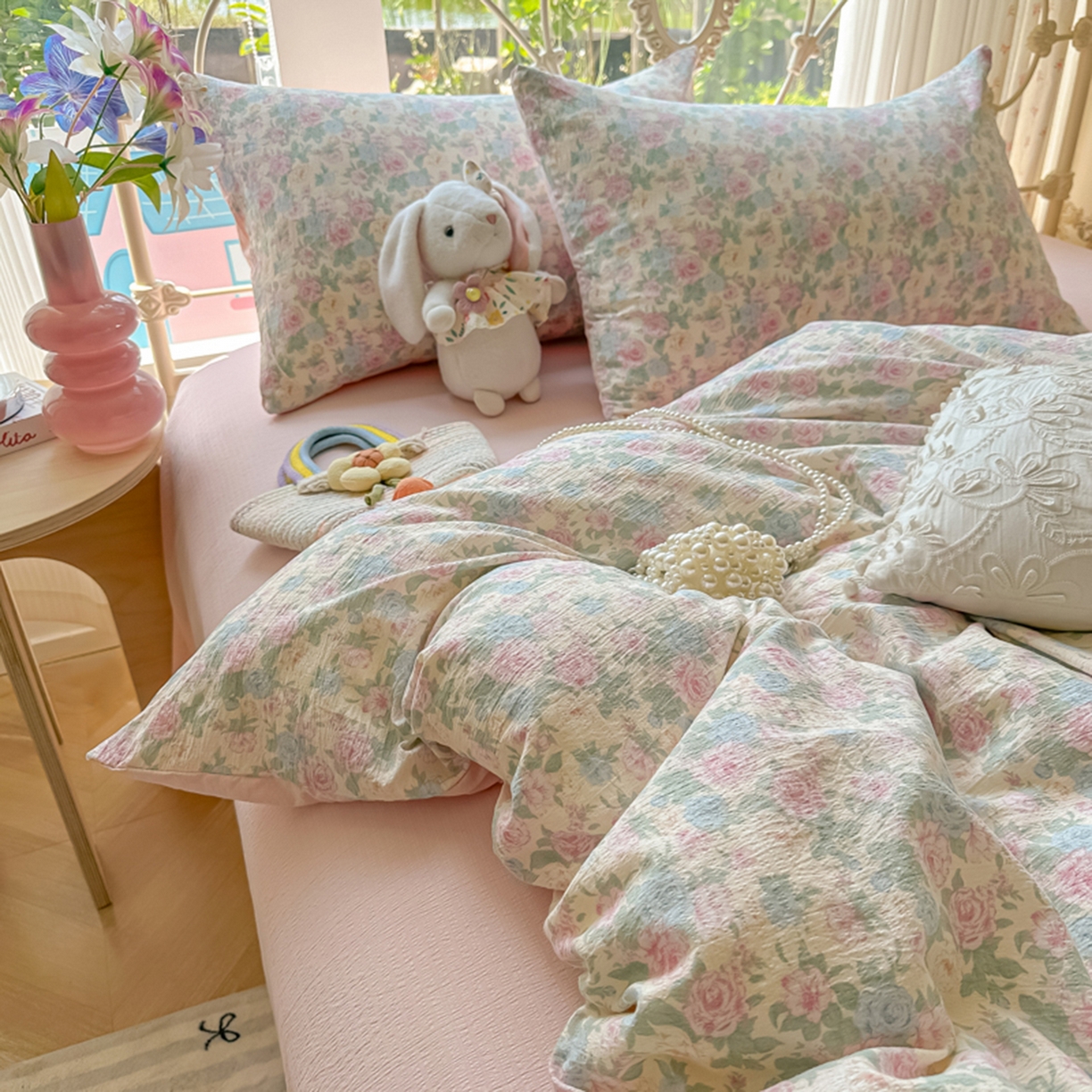 91家纺网 家纺一手货源 找家纺 玉海棠家纺 2025新款云感双层纱暗合四件套 白月光