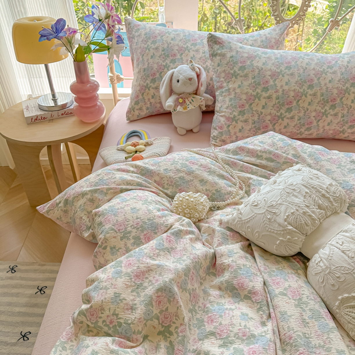 91家纺网 家纺一手货源 找家纺 玉海棠家纺 2025新款云感双层纱暗合四件套 白月光