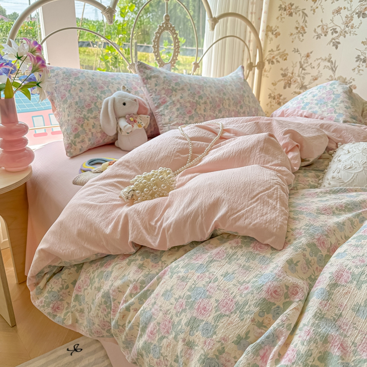 91家纺网 家纺一手货源 找家纺 玉海棠家纺 2025新款云感双层纱暗合四件套 白月光