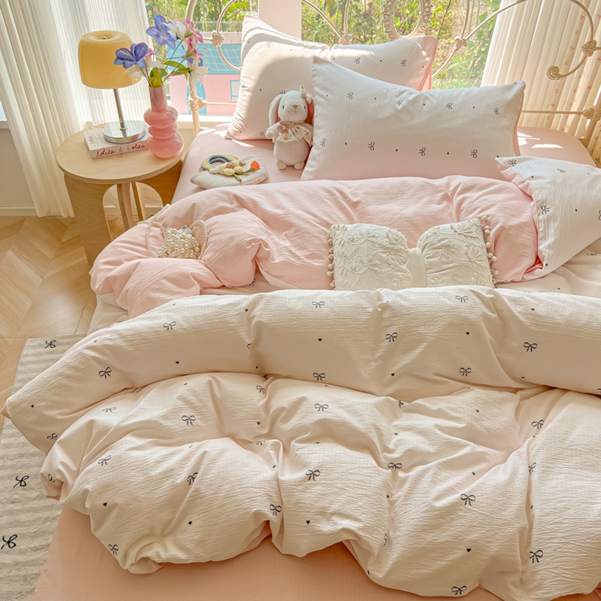 91家纺网 家纺一手货源 找家纺 玉海棠家纺 2025新款云感双层纱暗合四件套 心意