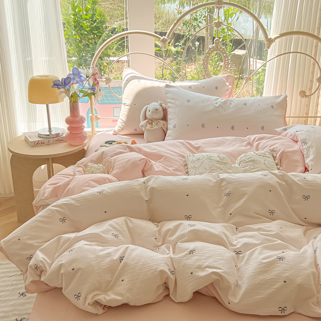 91家纺网 家纺一手货源 找家纺 玉海棠家纺 2025新款云感双层纱暗合四件套 心意