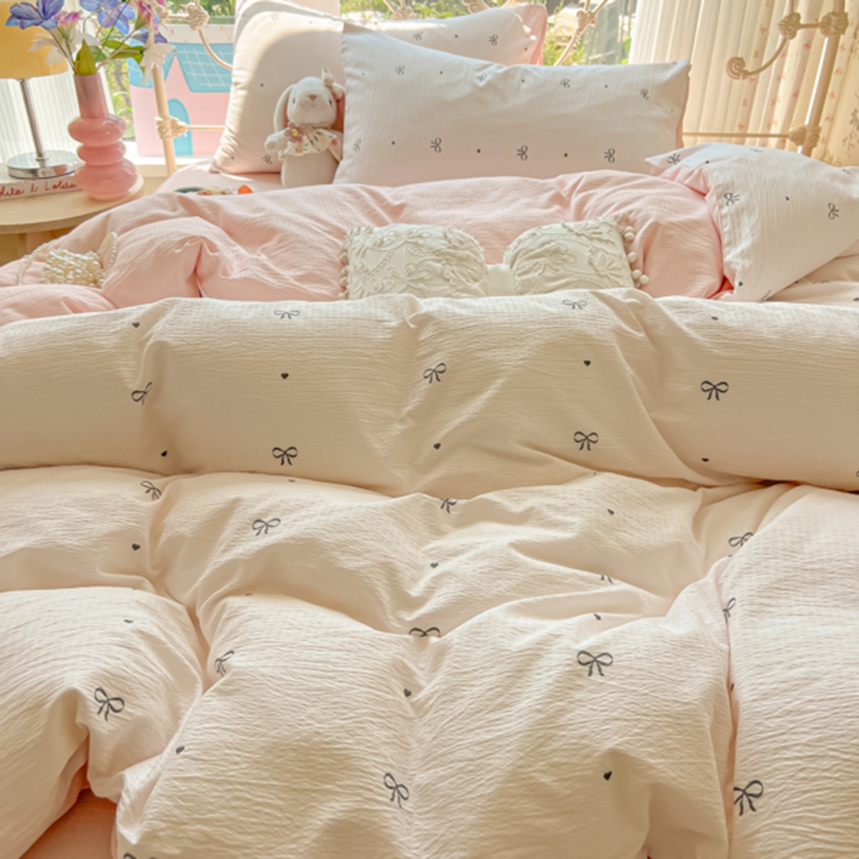 91家纺网 家纺一手货源 找家纺 玉海棠家纺 2025新款云感双层纱暗合四件套 心意