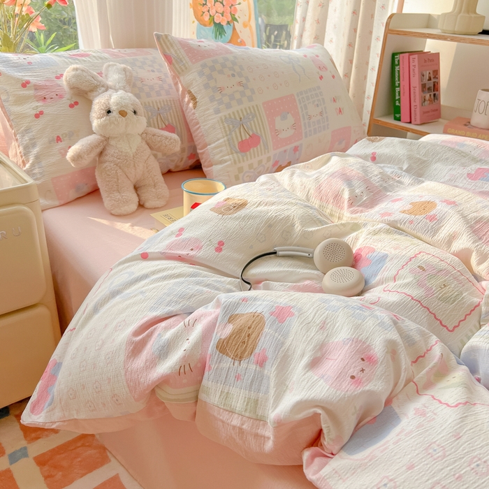 91家纺网 家纺一手货源 找家纺 玉海棠家纺 2025新款云感双层纱暗合四件套 萌物家族